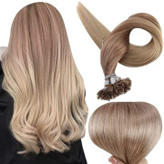 Fusion Nail Tip Human Hair Extensions Ombre Keratin Nail Tips Color 12 Light Golden Brown Fading To 24 Light Blonde 22 Inch Prebonded U Tip Remy Hair 1 Gram Per Strand 50 Grams