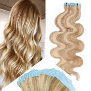 20 Inch Remy Tape in Hair Extensions Wavy Human Hair Highlight Body Wave 40pcs 100g Hair Seamless Skin Weft Glue in Human Hairpieces 2 Tones Balayage #18/613 Ash Blonde Mix Bleach 