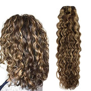 12'' Curly Clip in Hair Extensions Human Hair Brown Highlights Blonde Water Wave Hair 100g 7Pcs Clip in Extensions Wavy Hair Blonde Double Weft Clip on Hair Extensions Wavy